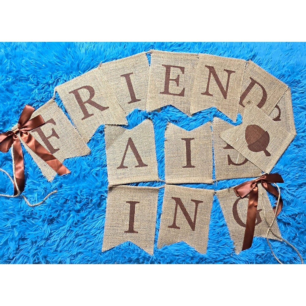 Rustic Burlap FriendsGiving Party Banner Garland Letter Twine Brown Satin Bows